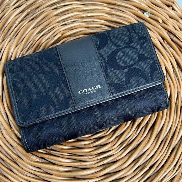 COACH Signature C Black Logo Jacquard Leather TRIFOLD Wallet Change Purse Canvas - Picture 9 of 9